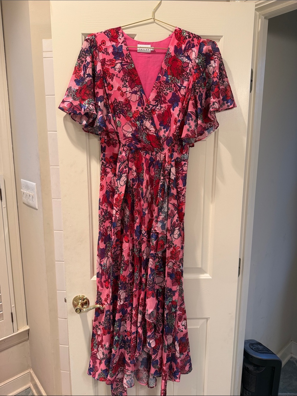 Tanya Taylor Pink Floral Wrap Maxi Dress with Flutter Sleeves